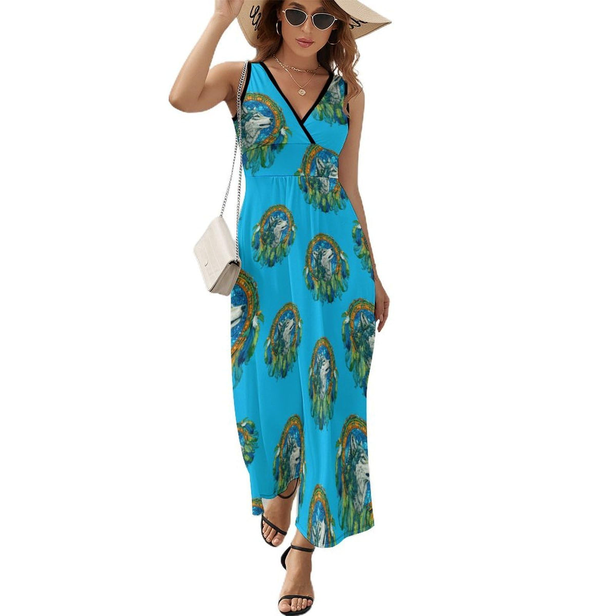 Robe longue d'été sans manches Dreamcatcher1 Wolf pour femme, col V, style décontracté