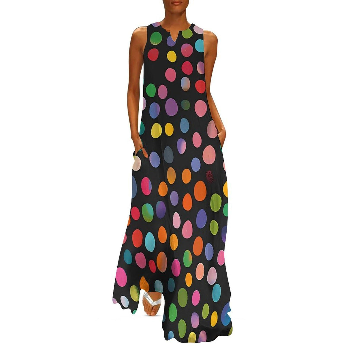 Robe longue maxi d'été ample à pois colorés et bretelles fines