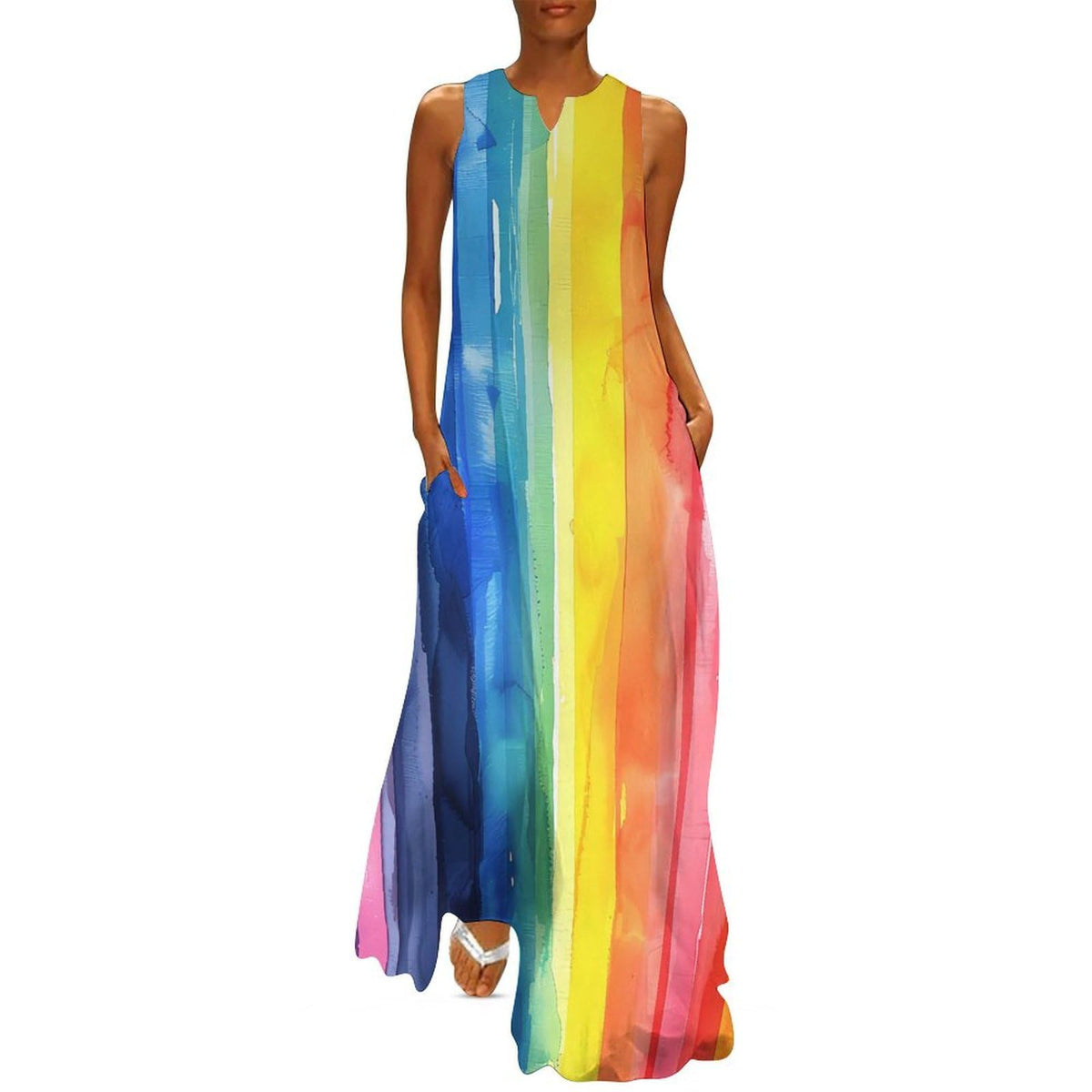 Robe longue maxi d'été à rayures arc-en-ciel aquarelle, style amusant, sans manches et bretelles, pour femme.