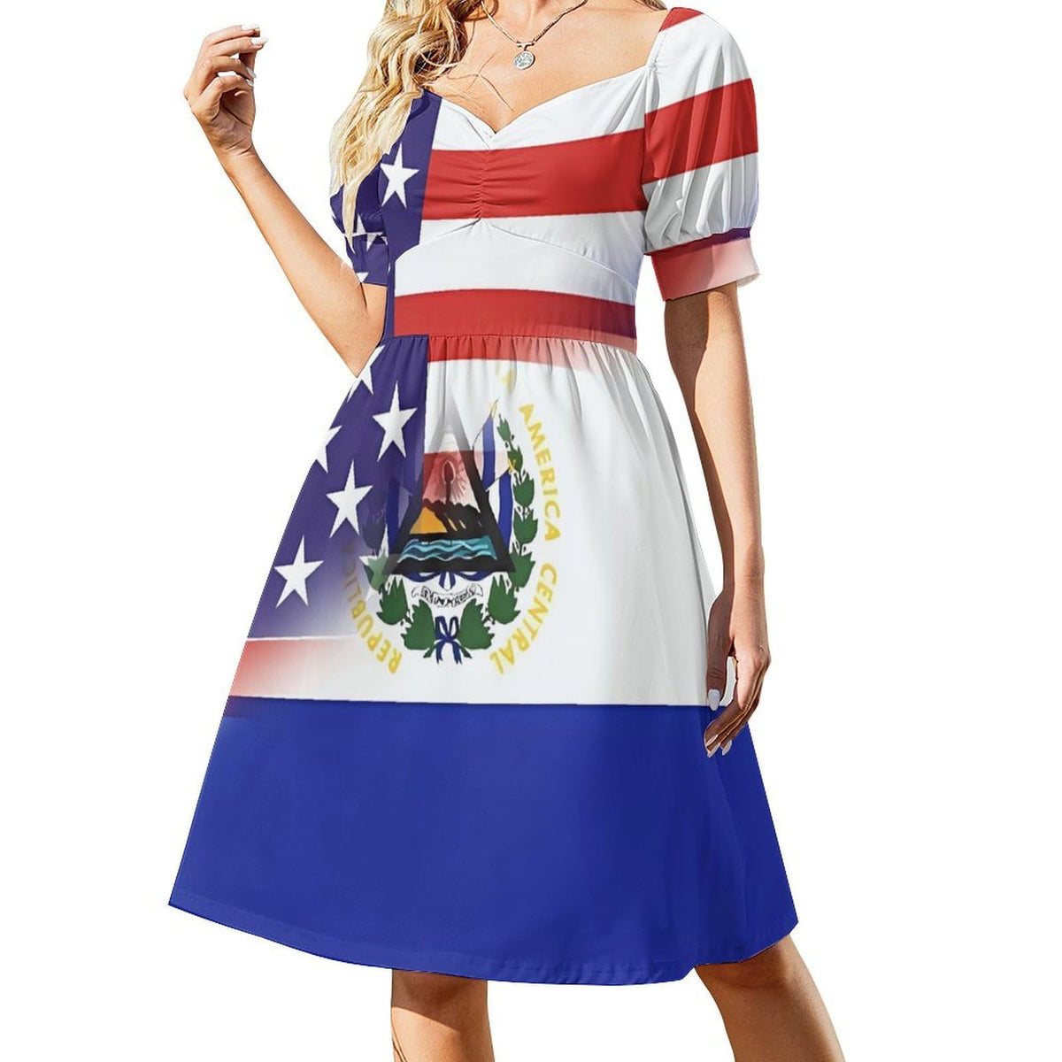 Robe d'été à manches courtes pour femme, ornée du drapeau américain et salvadorien, col en V et coupe trapèze.